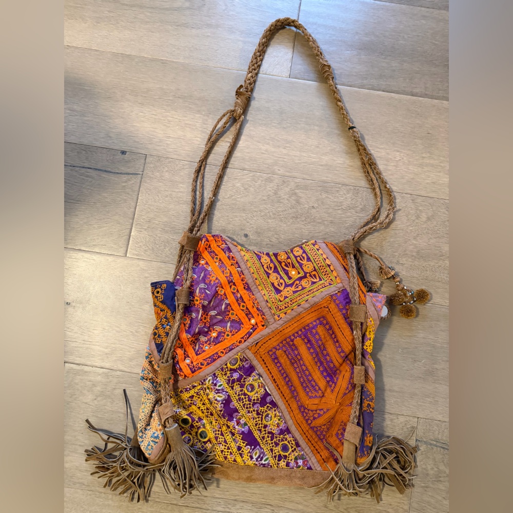 00’s Free People Suede Beaded Patchwork Braid Indie Bohemian Strap Purse UEC - Picture 6 of 8